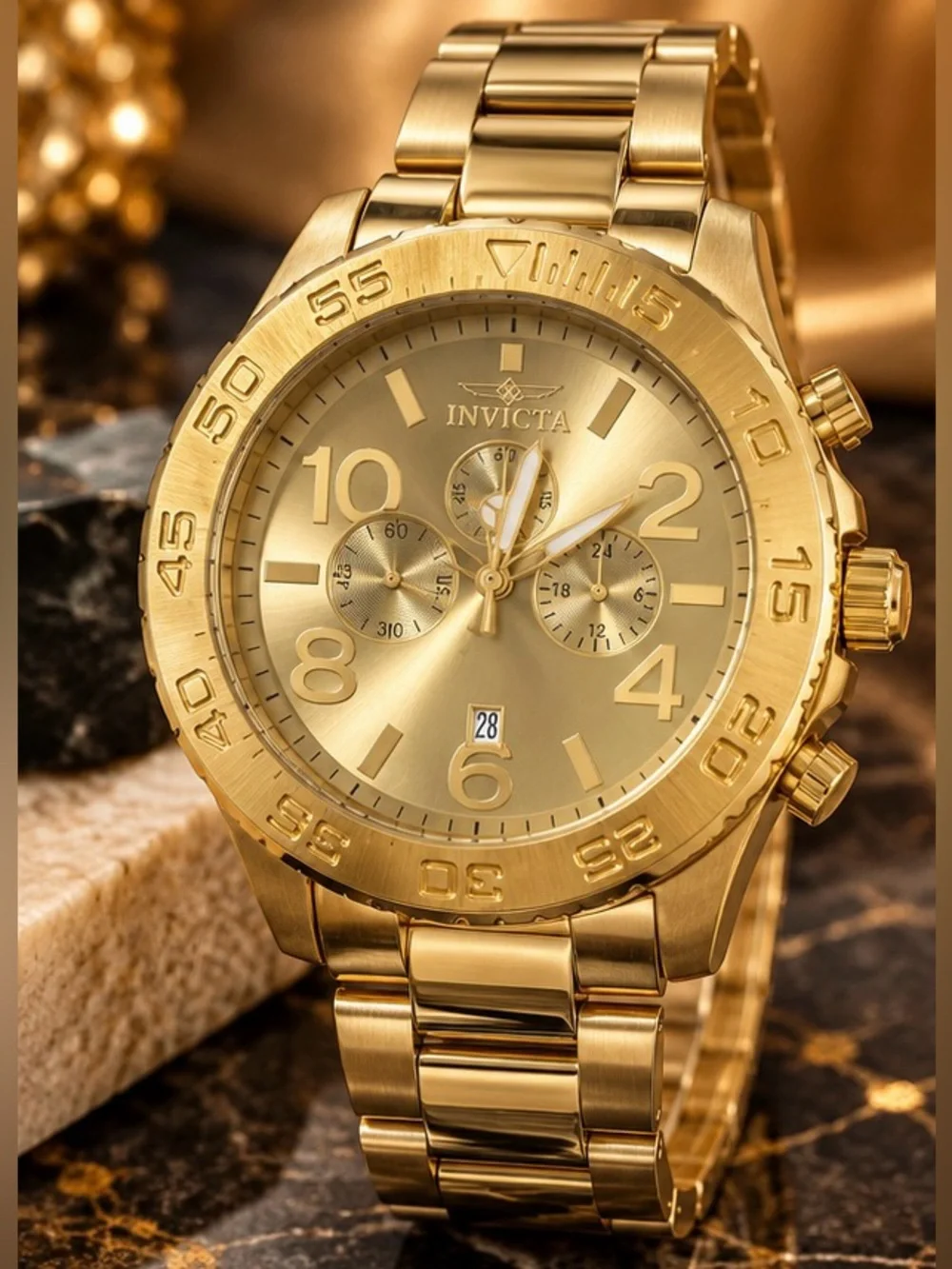 Men’s Gold Tone Chronograph Style Watch Large Dial Stainless Steel Look